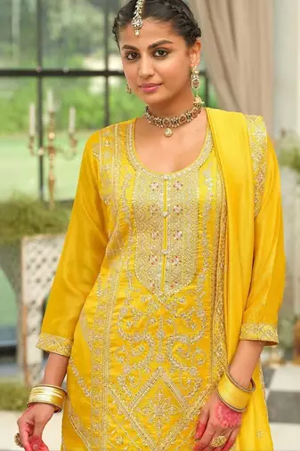 women ethnic motifs embroidered regular thread work kurta with palazzos & with dupatta