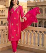 women ethnic motifs printed regular thread work kurta with trousers & with dupatta