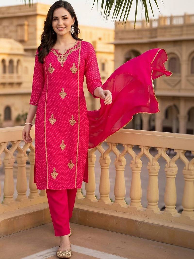 women ethnic motifs printed regular thread work kurta with trousers & with dupatta