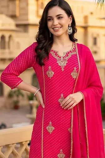women ethnic motifs printed regular thread work kurta with trousers & with dupatta