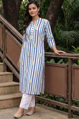 women printed regular cotton kurta with trousers