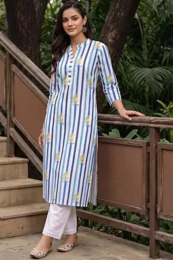 women printed regular cotton kurta with trousers