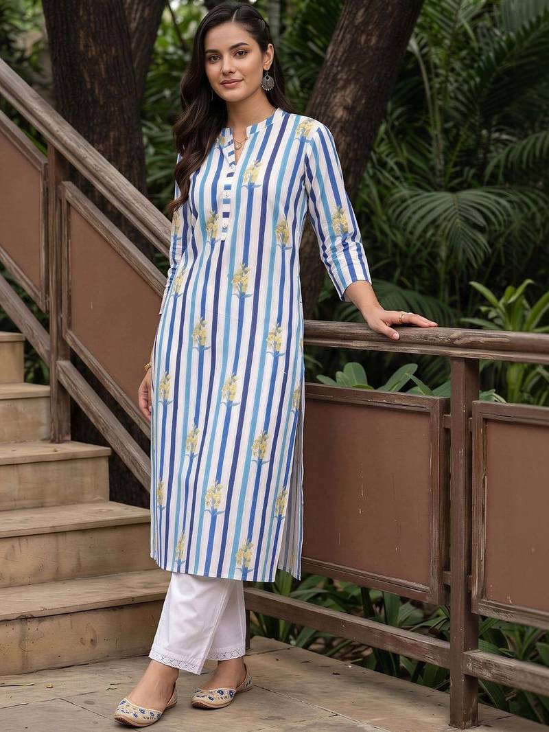 women printed regular cotton kurta with trousers