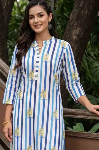 women printed regular cotton kurta with trousers