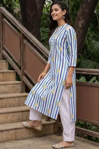 women printed regular cotton kurta with trousers