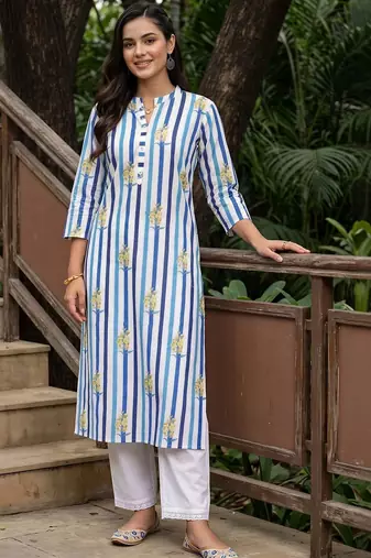 women printed regular cotton kurta with trousers