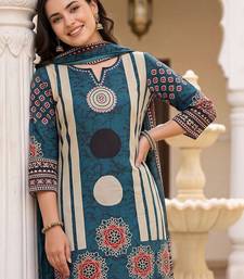women ethnic motifs printed regular cotton kurta with trousers & with dupatta