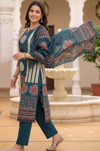 women ethnic motifs printed regular cotton kurta with trousers & with dupatta