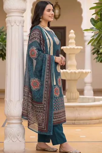women ethnic motifs printed regular cotton kurta with trousers & with dupatta