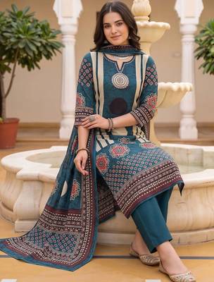 women ethnic motifs printed regular cotton kurta with trousers & with dupatta 6