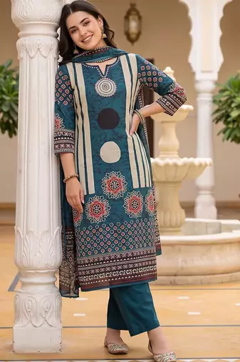 women ethnic motifs printed regular cotton kurta with trousers & with dupatta