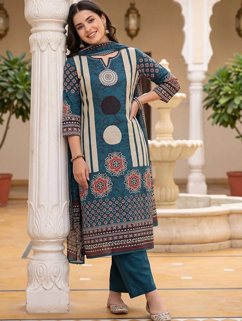 women ethnic motifs printed regular cotton kurta with trousers & with dupatta