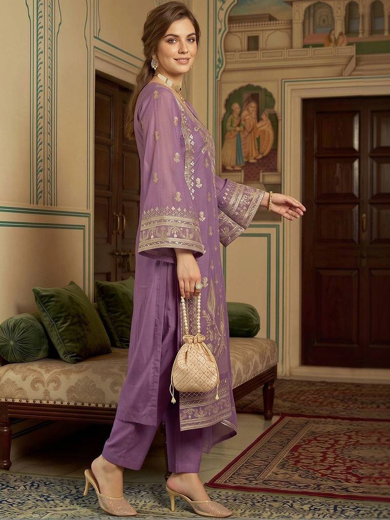 women ethnic motifs embroidered regular kurta with trousers & with dupatta