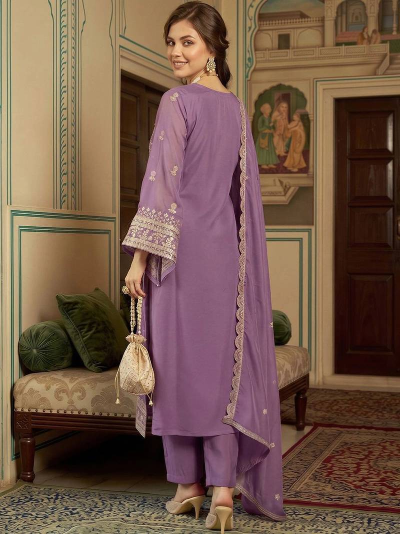 women ethnic motifs embroidered regular kurta with trousers & with dupatta