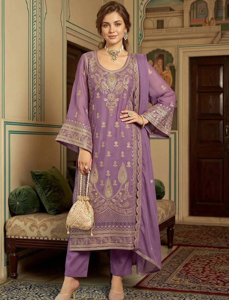 women ethnic motifs embroidered regular kurta with trousers & with dupatta