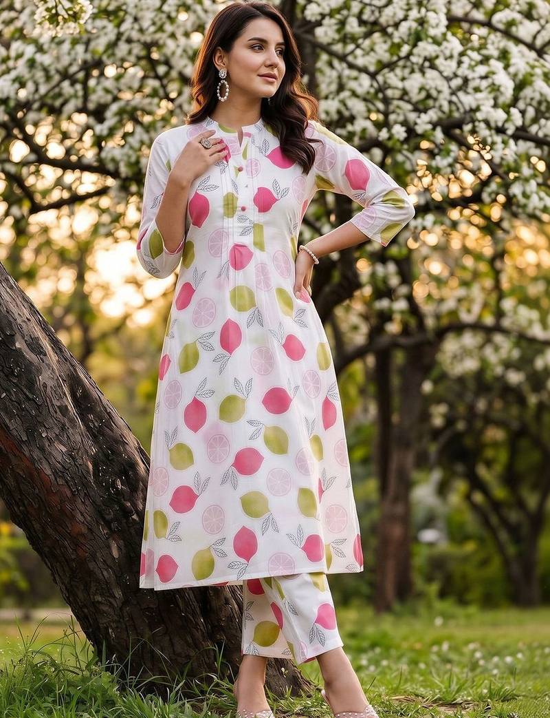 women printed regular cotton kurta with trousers