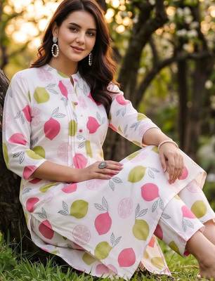 women printed regular cotton kurta with trousers 5