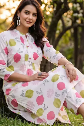 women printed regular cotton kurta with trousers