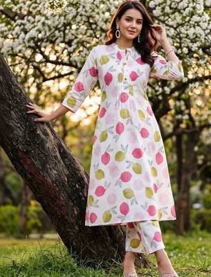 women printed regular cotton kurta with trousers 6