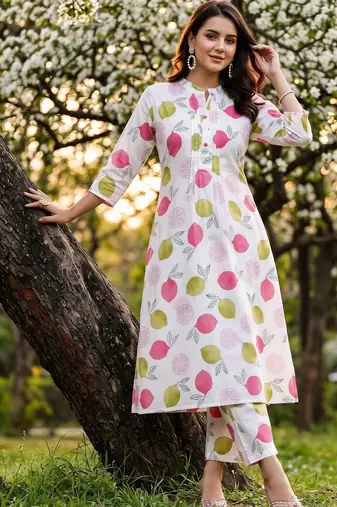 women printed regular cotton kurta with trousers