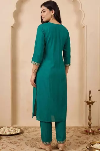 women ethnic motifs embroidered regular thread work kurta with trousers