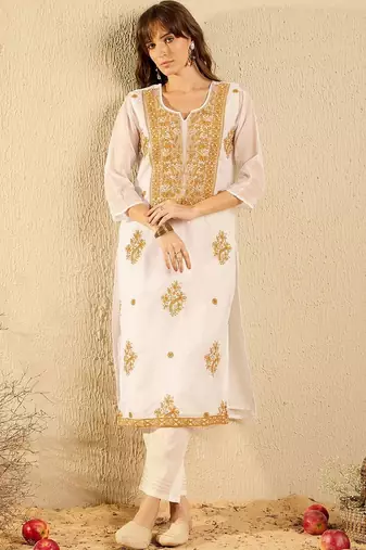 women ethnic motifs embroidered regular thread work kurta with trousers & with dupatta