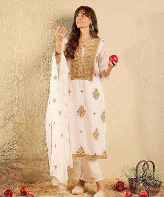 women ethnic motifs embroidered regular thread work kurta with trousers & with dupatta 2