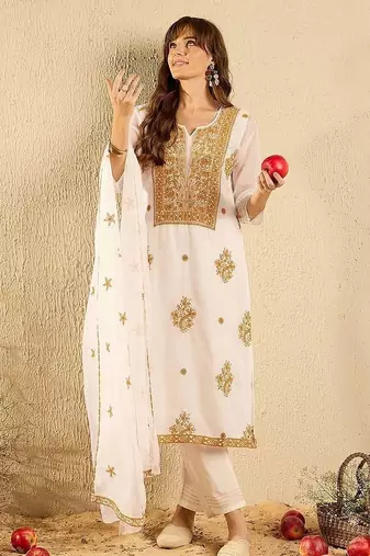 women ethnic motifs embroidered regular thread work kurta with trousers & with dupatta