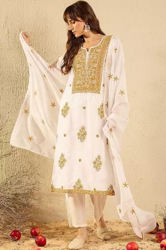 women ethnic motifs embroidered regular thread work kurta with trousers & with dupatta