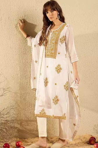 women ethnic motifs embroidered regular thread work kurta with trousers & with dupatta
