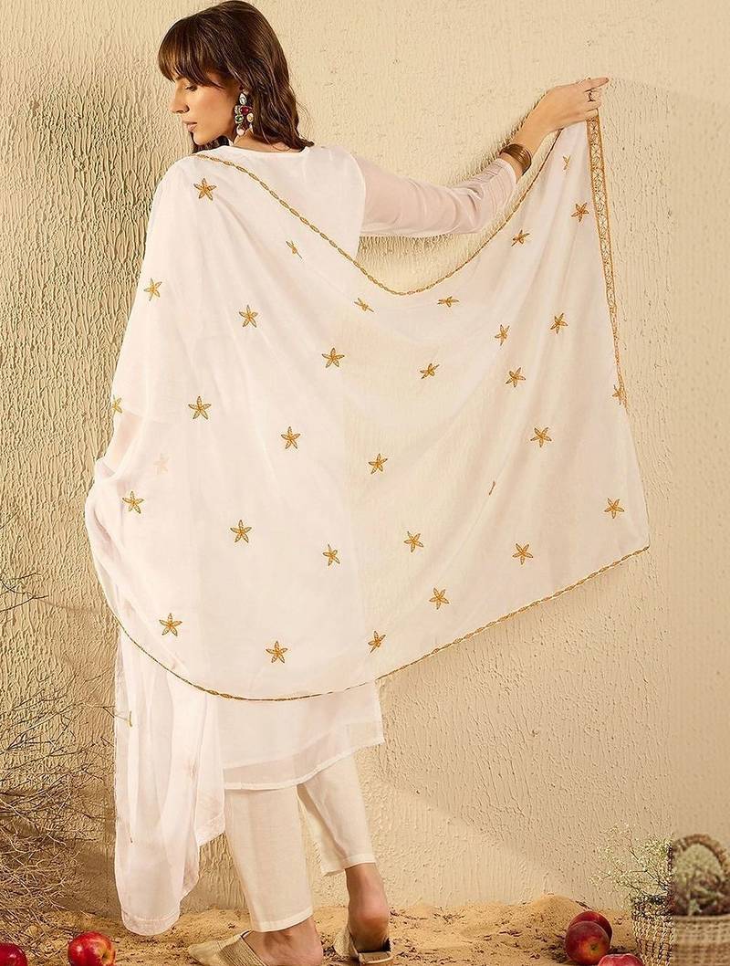 women ethnic motifs embroidered regular thread work kurta with trousers & with dupatta