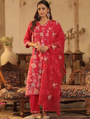 women floral embroidered regular sequinned kurta with trousers & with dupatta 1