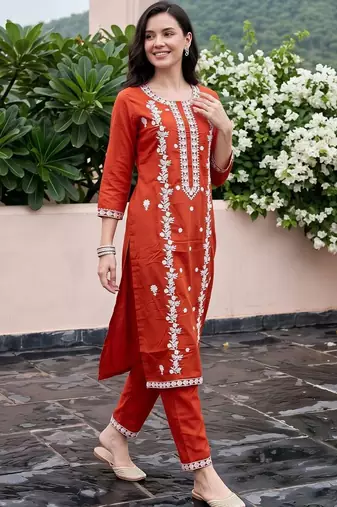 women ethnic motifs embroidered regular thread work kurta with trousers