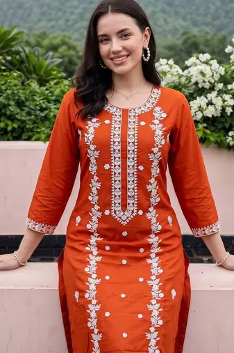 women ethnic motifs embroidered regular thread work kurta with trousers