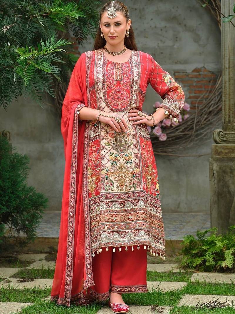 women ethnic motifs embroidered regular mirror work silk kurta with palazzos & with dupatta