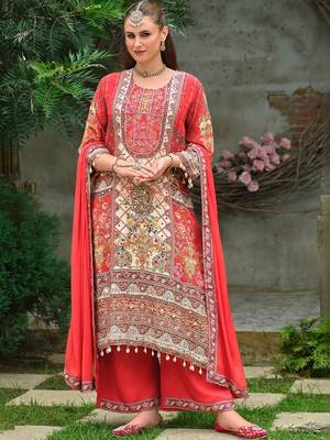 women ethnic motifs embroidered regular mirror work silk kurta with palazzos & with dupatta 3
