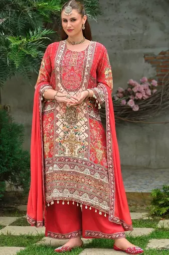 women ethnic motifs embroidered regular mirror work silk kurta with palazzos & with dupatta