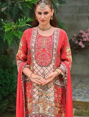 women ethnic motifs embroidered regular mirror work silk kurta with palazzos & with dupatta 4