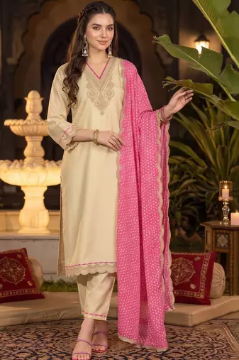 women ethnic motifs embroidered regular thread work kurta with trousers & with dupatta