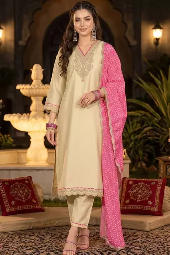 women ethnic motifs embroidered regular thread work kurta with trousers & with dupatta