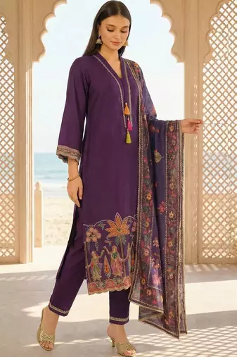 women ethnic motifs embroidered regular thread work kurta with trousers & with dupatta
