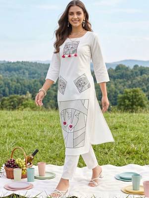 women printed regular cotton kurta with trousers 1