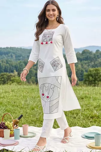 women printed regular cotton kurta with trousers