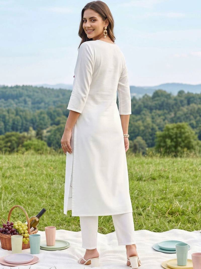 women printed regular cotton kurta with trousers