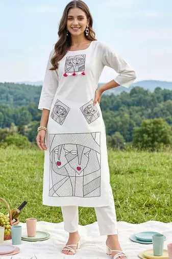 women printed regular cotton kurta with trousers