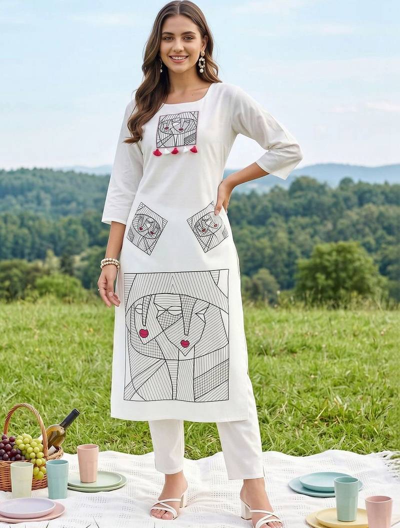 women printed regular cotton kurta with trousers