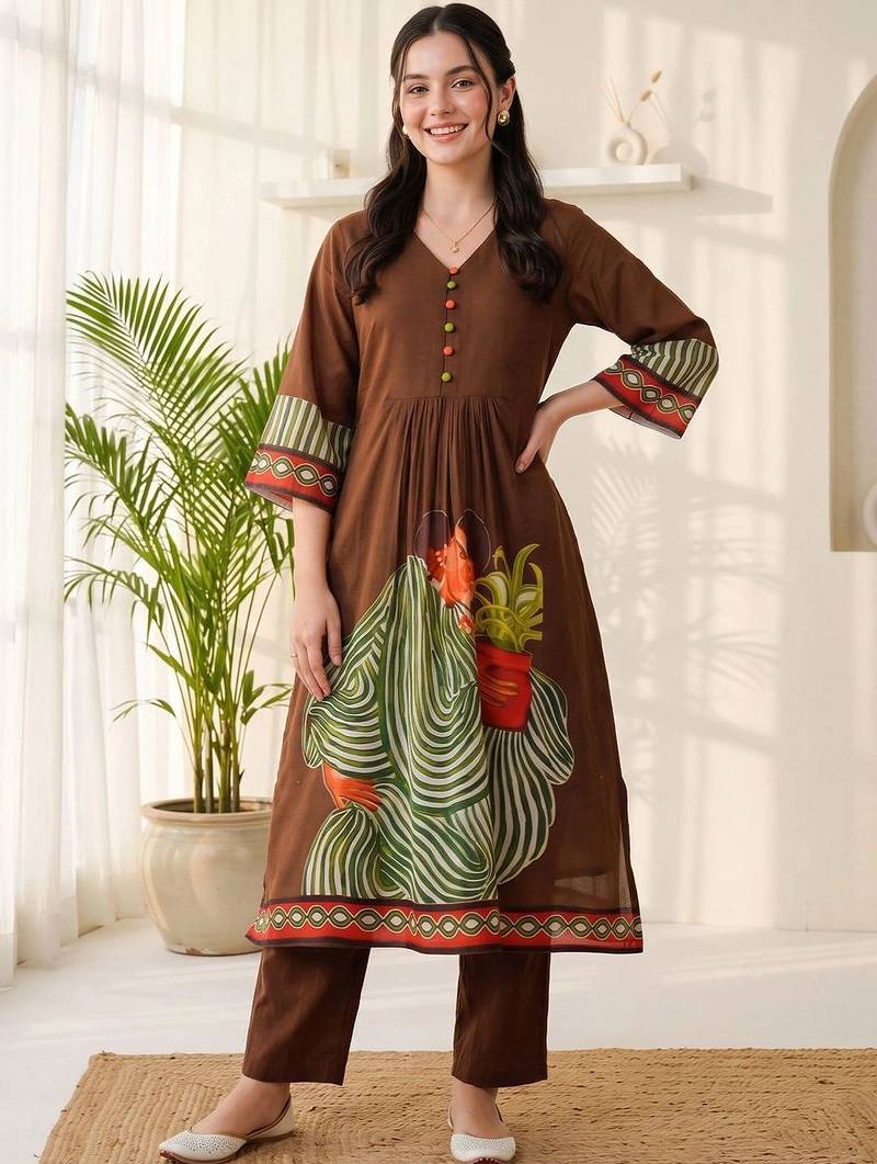 women ethnic motifs printed empire cotton kurta with trousers