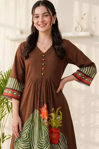 women ethnic motifs printed empire cotton kurta with trousers