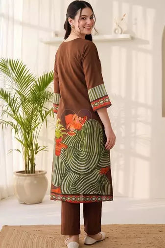 women ethnic motifs printed empire cotton kurta with trousers