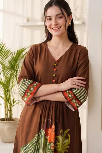 women ethnic motifs printed empire cotton kurta with trousers